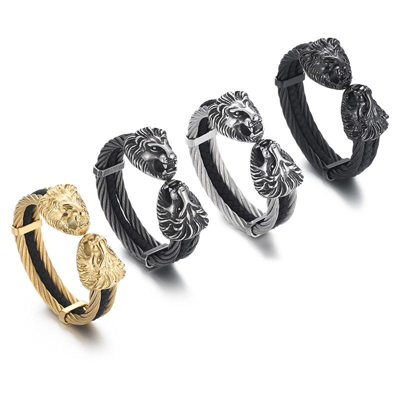 Kalen Punk 6mm Leather & Stainless Steel Lion Animal Charm Cuff Bracelet Bangles for Men - kalen