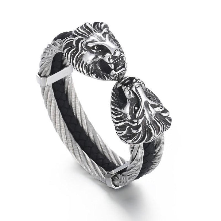 Kalen Punk 6mm Leather & Stainless Steel Lion Animal Charm Cuff Bracelet Bangles for Men - kalen