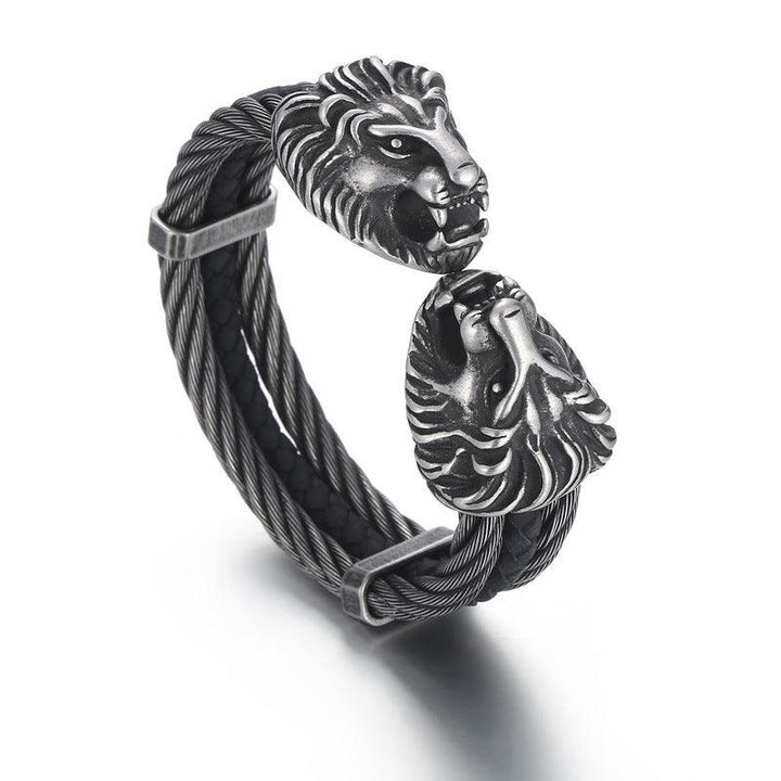 Kalen Punk 6mm Leather & Stainless Steel Lion Animal Charm Cuff Bracelet Bangles for Men - kalen