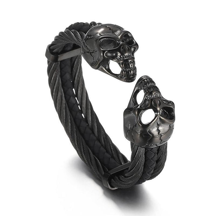 Kalen Punk 6mm Leather & Stainless Steel Skull Charm Cuff Bracelet Bangles for Men - kalen