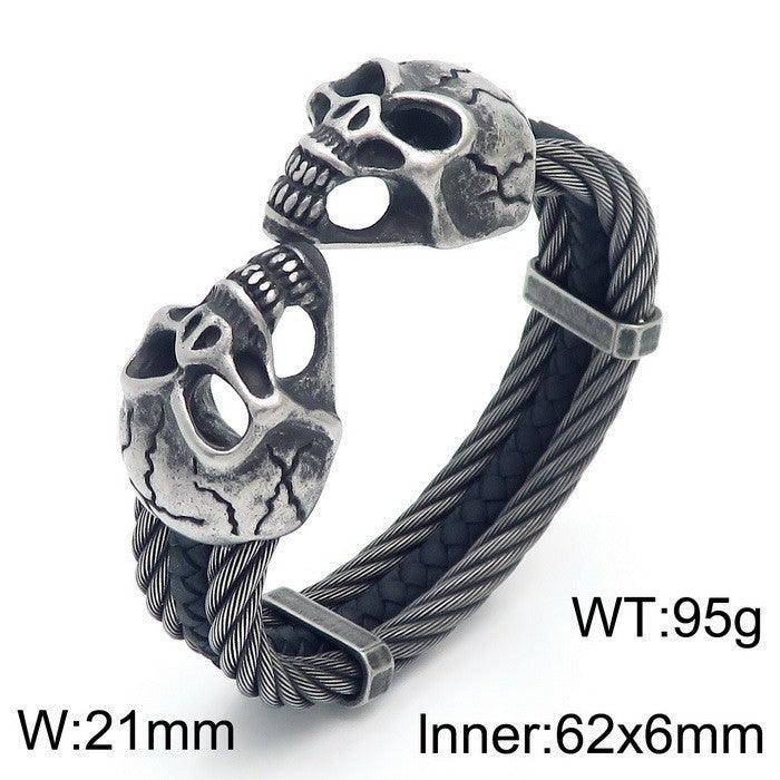 Kalen Punk 6mm Leather & Stainless Steel Skull Charm Cuff Bracelet Bangles for Men - kalen