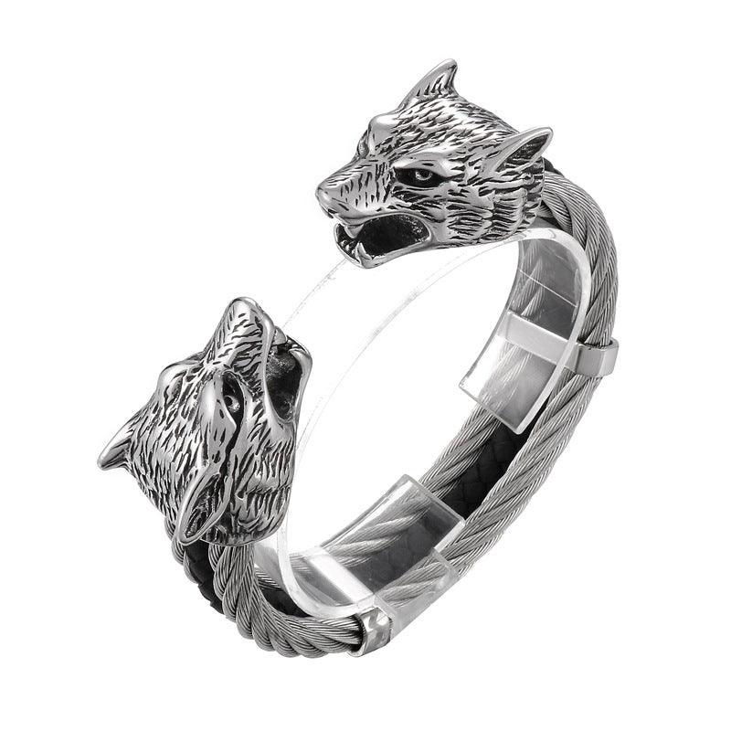 Kalen Punk 6mm Leather & Stainless Steel Wolf Animal Charm Cuff Bracelet Bangles for Men - kalen