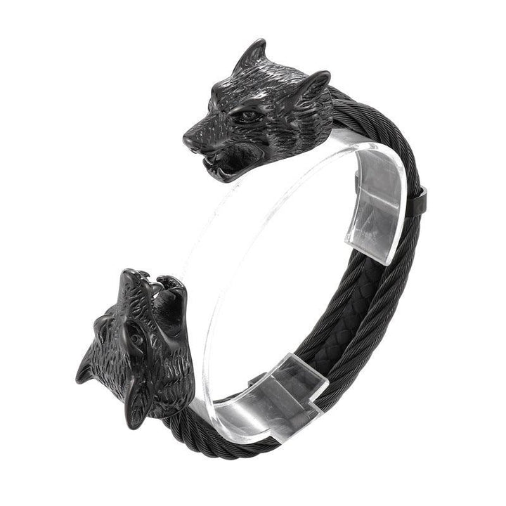 Kalen Punk 6mm Leather & Stainless Steel Wolf Animal Charm Cuff Bracelet Bangles for Men - kalen