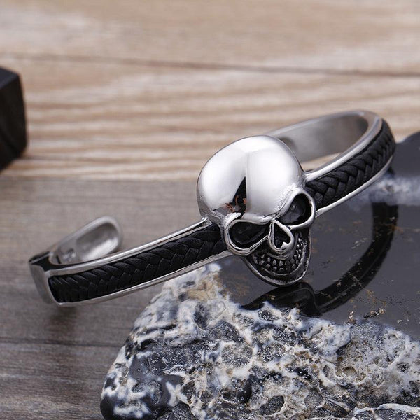 Kalen Punk 8mm Leather & Stainless Steel Skull Cuff Bracelet Bangles for Men - kalen