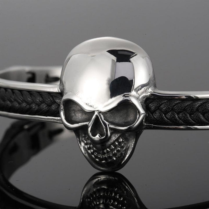 Kalen Punk 8mm Leather & Stainless Steel Skull Cuff Bracelet Bangles for Men - kalen