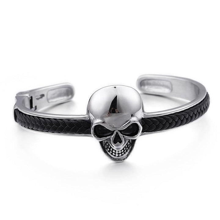 Kalen Punk 8mm Leather & Stainless Steel Skull Cuff Bracelet Bangles for Men - kalen