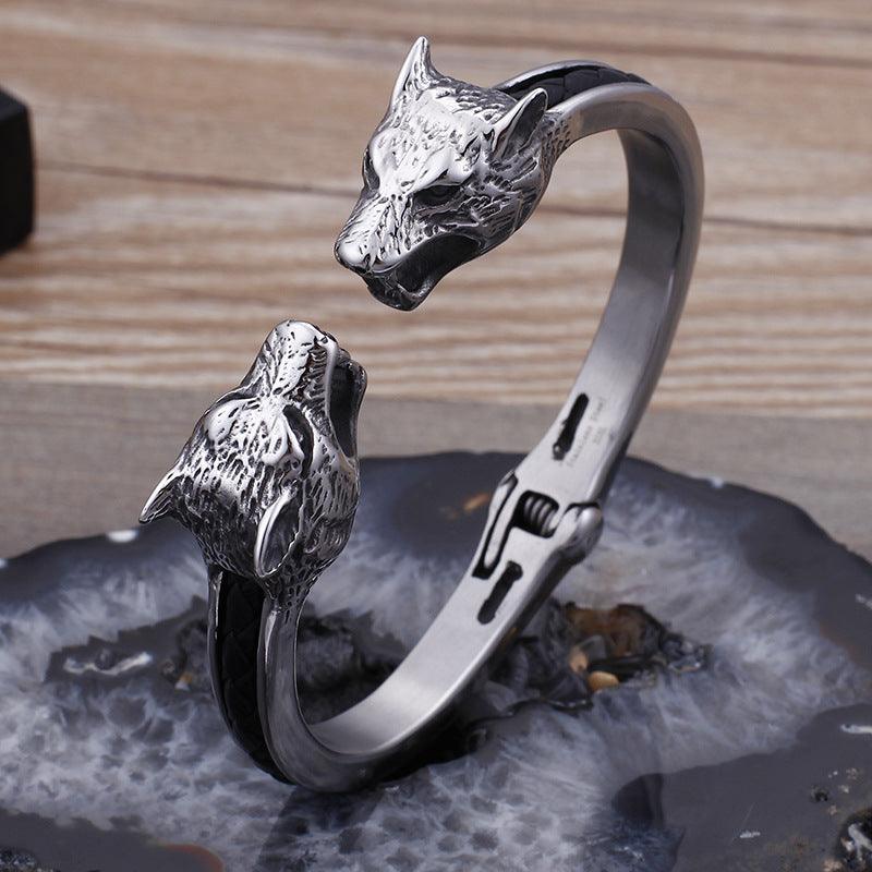 Kalen Punk 8mm Leather & Stainless Steel Wolf Animal Charm Cuff Bracelet Bangles for Men - kalen