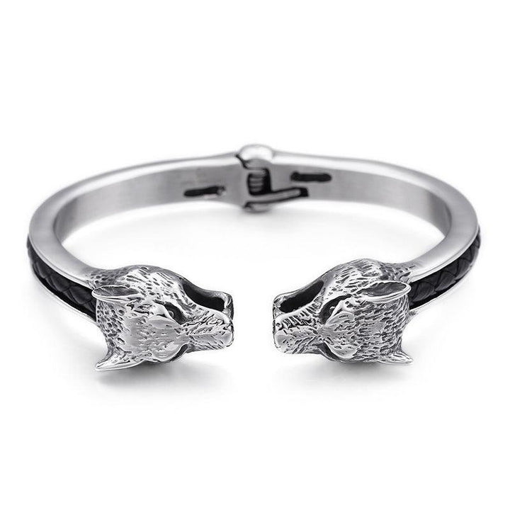 Kalen Punk 8mm Leather & Stainless Steel Wolf Animal Charm Cuff Bracelet Bangles for Men - kalen