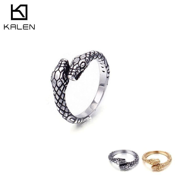 KALEN Punk Double Snake Ring For Men Size 6-12 Stainless Steel Gothic Reptile Unisex Finger Bague Jewelry.