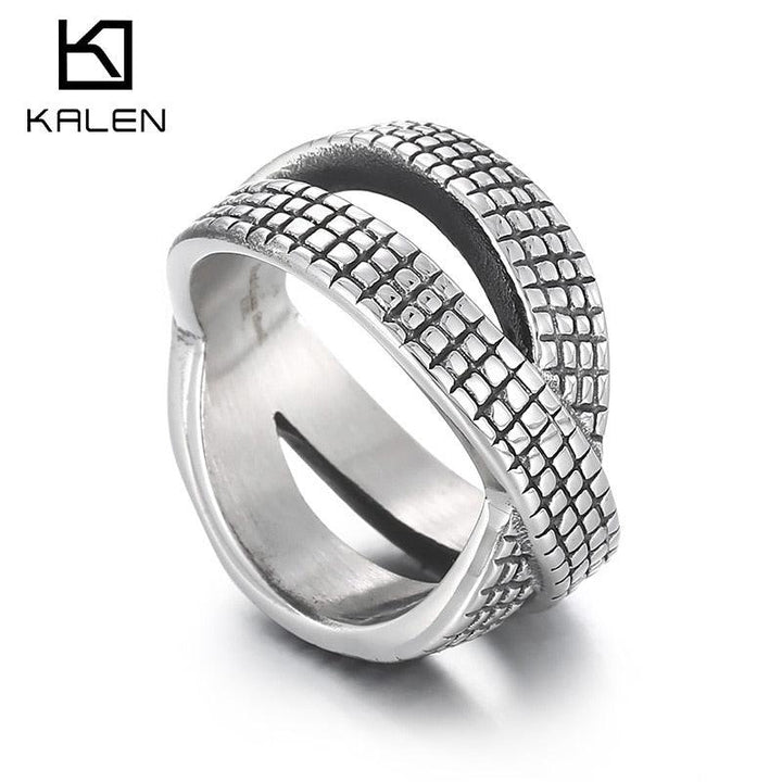 KALEN Punk Geometry Tyre Pattern Stainless Steel Ring For Men Charm Ring Jewelry Accessories.