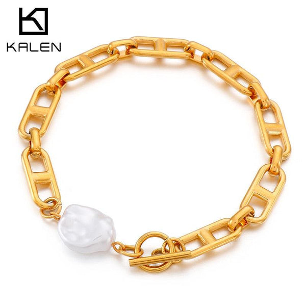Kalen Punk Gold Color Chain Baroque Pearl Bracelets For Women Stainless Steel Pearl Coin Bracelets Bohemian Jewelry Gift.