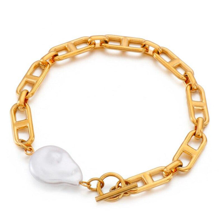 Kalen Punk Gold Color Chain Baroque Pearl Bracelets For Women Stainless Steel Pearl Coin Bracelets Bohemian Jewelry Gift.