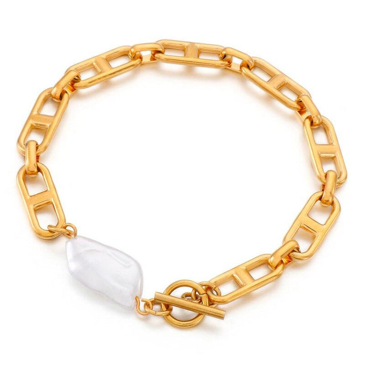 Kalen Punk Gold Color Chain Baroque Pearl Bracelets For Women Stainless Steel Pearl Coin Bracelets Bohemian Jewelry Gift.