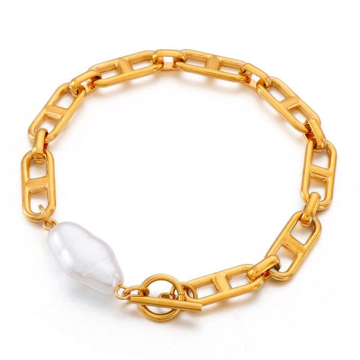 Kalen Punk Gold Color Chain Baroque Pearl Bracelets For Women Stainless Steel Pearl Coin Bracelets Bohemian Jewelry Gift.