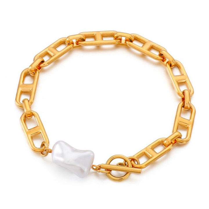 Kalen Punk Gold Color Chain Baroque Pearl Bracelets For Women Stainless Steel Pearl Coin Bracelets Bohemian Jewelry Gift.