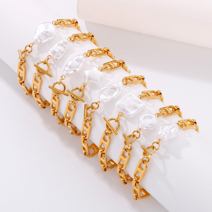 Kalen Punk Gold Color Chain Baroque Pearl Bracelets For Women Stainless Steel Pearl Coin Bracelets Bohemian Jewelry Gift.