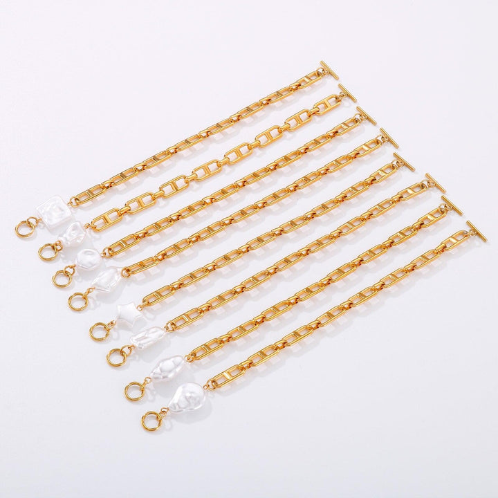 Kalen Punk Gold Color Chain Baroque Pearl Bracelets For Women Stainless Steel Pearl Coin Bracelets Bohemian Jewelry Gift.