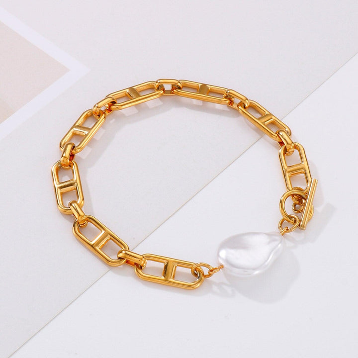 Kalen Punk Gold Color Chain Baroque Pearl Bracelets For Women Stainless Steel Pearl Coin Bracelets Bohemian Jewelry Gift.