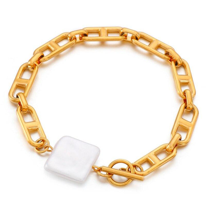 Kalen Punk Gold Color Chain Baroque Pearl Bracelets For Women Stainless Steel Pearl Coin Bracelets Bohemian Jewelry Gift.