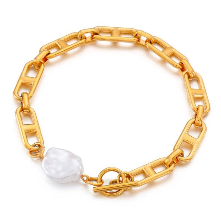 Kalen Punk Gold Color Chain Baroque Pearl Bracelets For Women Stainless Steel Pearl Coin Bracelets Bohemian Jewelry Gift.