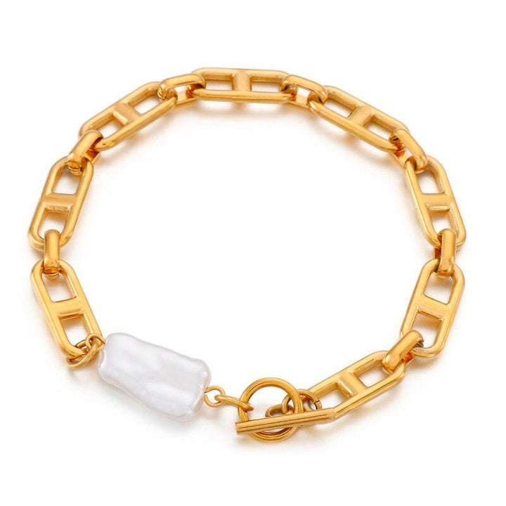 Kalen Punk Gold Color Chain Baroque Pearl Bracelets For Women Stainless Steel Pearl Coin Bracelets Bohemian Jewelry Gift.