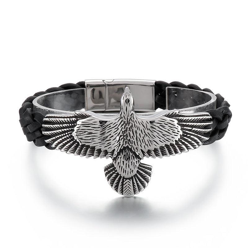 Kalen Punk Leather Stainless Steel Eagle Charm Bracelet For Men - kalen