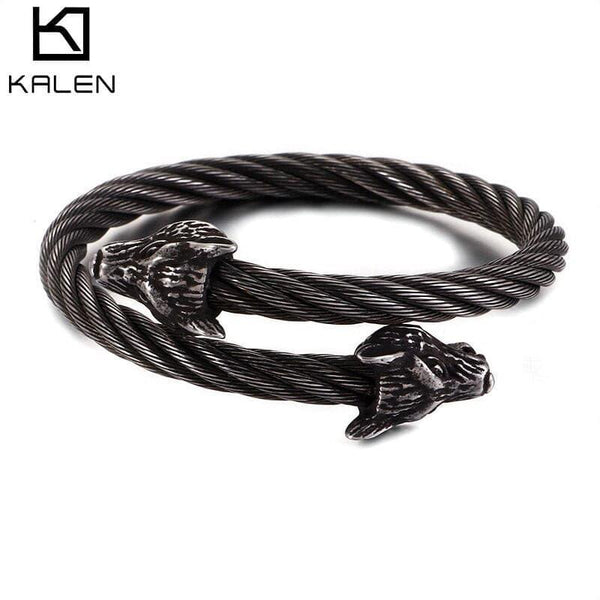 KALEN Punk Stainless Steel Matte Viking Wolf Charm Bangle Man Hip Hop Cable Wire Gold Color Animal Cuff Bracelet Men Jewelry.