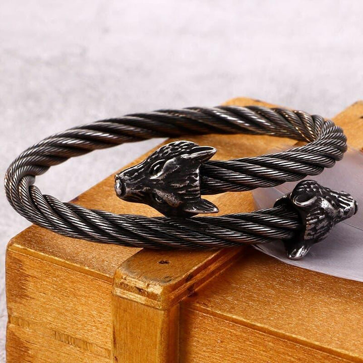 KALEN Punk Stainless Steel Matte Viking Wolf Charm Bangle Man Hip Hop Cable Wire Gold Color Animal Cuff Bracelet Men Jewelry.