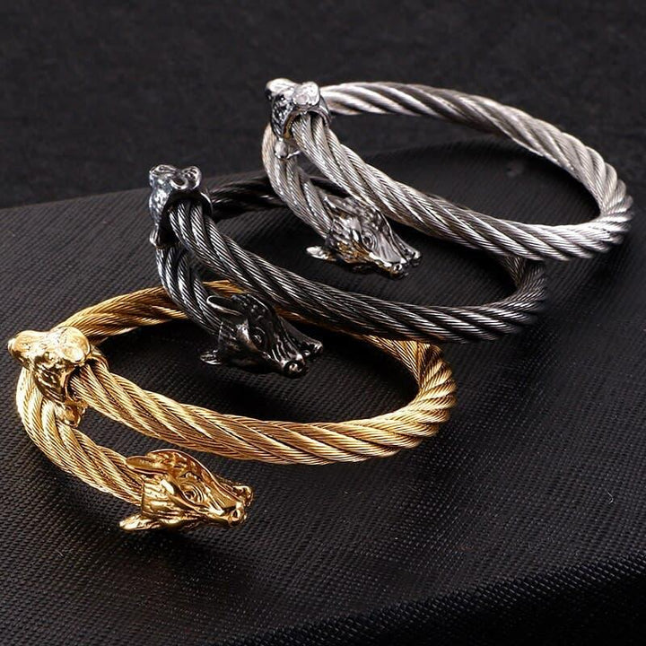 KALEN Punk Stainless Steel Matte Viking Wolf Charm Bangle Man Hip Hop Cable Wire Gold Color Animal Cuff Bracelet Men Jewelry.