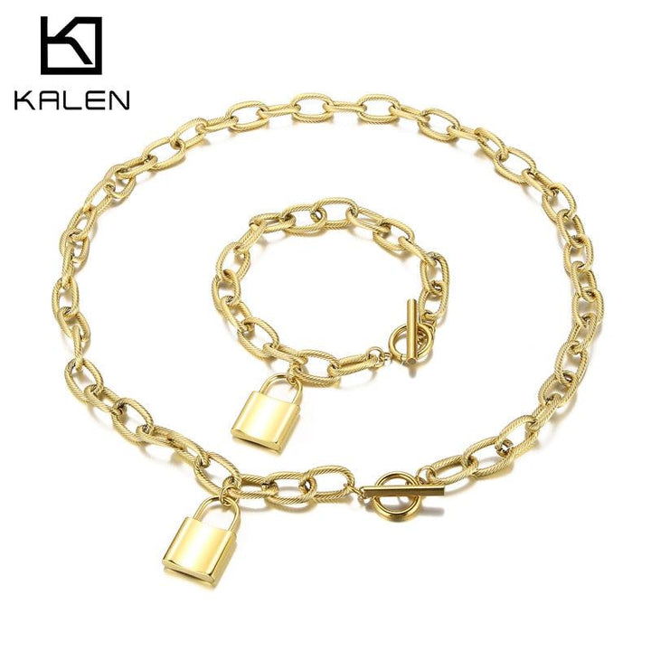 KALEN Punk Rock Thick Chain Necklace Bracelet Set for Women Retro Street Geometric Lock Charm Necklace Jewelry Set.