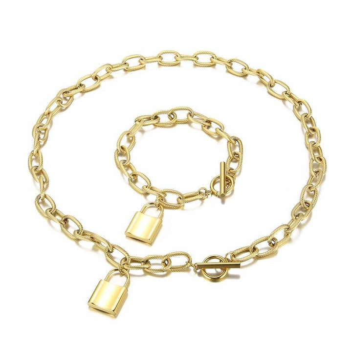 KALEN Punk Rock Thick Chain Necklace Bracelet Set for Women Retro Street Geometric Lock Charm Necklace Jewelry Set.