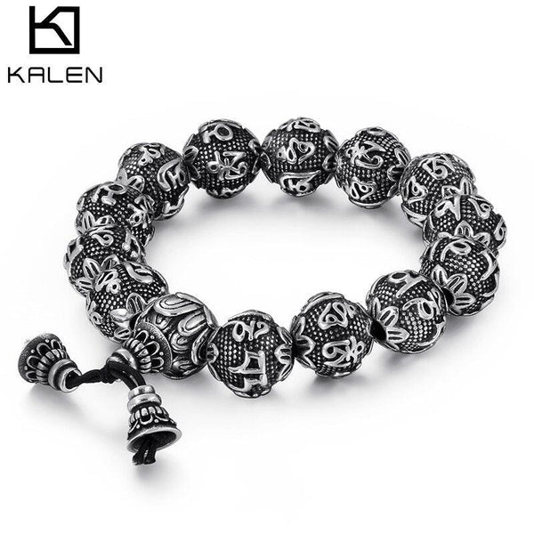 KALEN Punk Stainless Steel Mysterious Symbol Charm Bracelet Men Elastic Strand 13mm 15mm 17mm Beads Heavy Bracelets Jewelry.