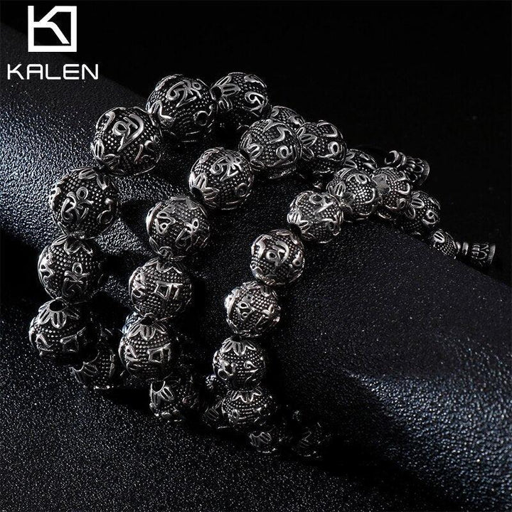 KALEN Punk Stainless Steel Mysterious Symbol Charm Bracelet Men Elastic Strand 13mm 15mm 17mm Beads Heavy Bracelets Jewelry.