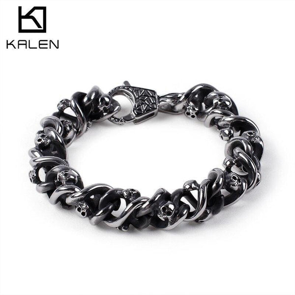 Kalen Stainless Steel Retro Twisted Chain Men's Skull Punk Style Unique Bracelet Jewelry Accessories.
