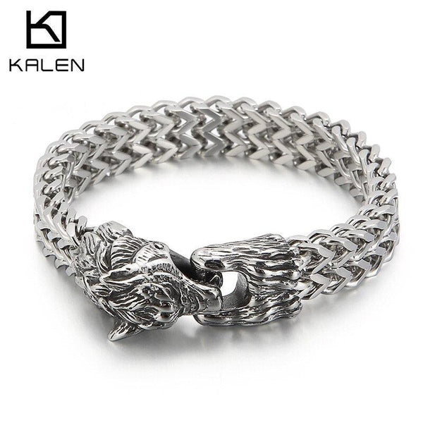 Kalen Punk Viking Wolf Head Stainless Steel Men's Bracelet Retro Spring Clasp Chain Jewelry.