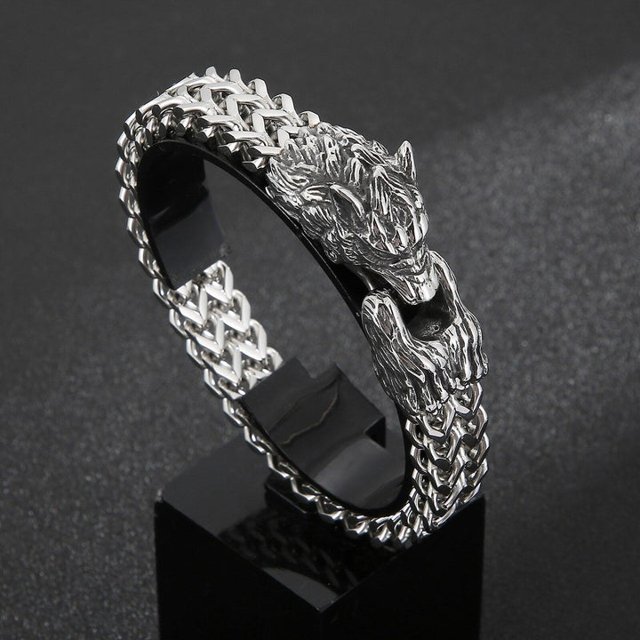 Kalen Punk Viking Wolf Head Stainless Steel Men's Bracelet Retro Spring Clasp Chain Jewelry.