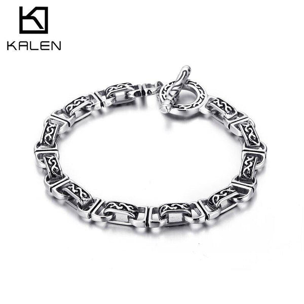 Kalen Retro Totem Texture Combination Chain Charm Men's Stainless Steel Bracelet Simple Clasp Jewelry.