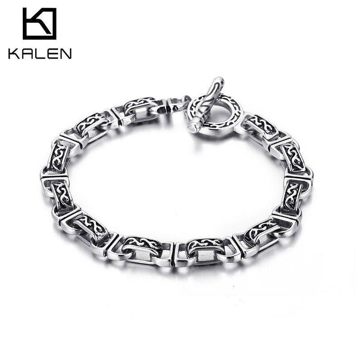 Kalen Retro Totem Texture Combination Chain Charm Men's Stainless Steel Bracelet Simple Clasp Jewelry.