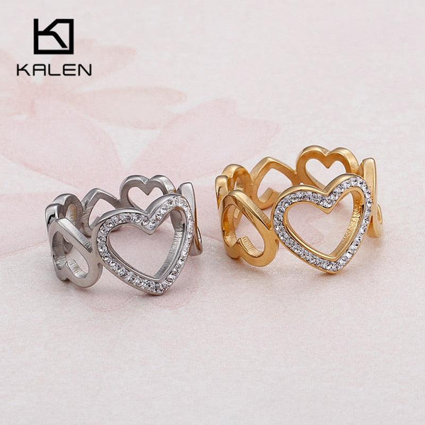 Kalen Romantic Hollow Heart Rings For Women Gold Color Stainless Steel Zircon Mujer Wedding Bands Rings Jewelry Rings.