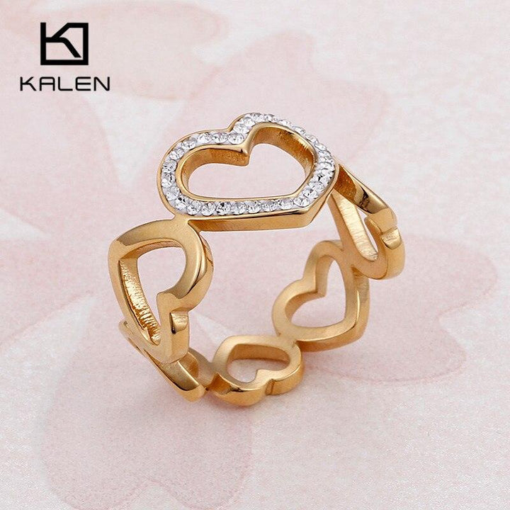 Kalen Romantic Hollow Heart Rings For Women Gold Color Stainless Steel Zircon Mujer Wedding Bands Rings Jewelry Rings.