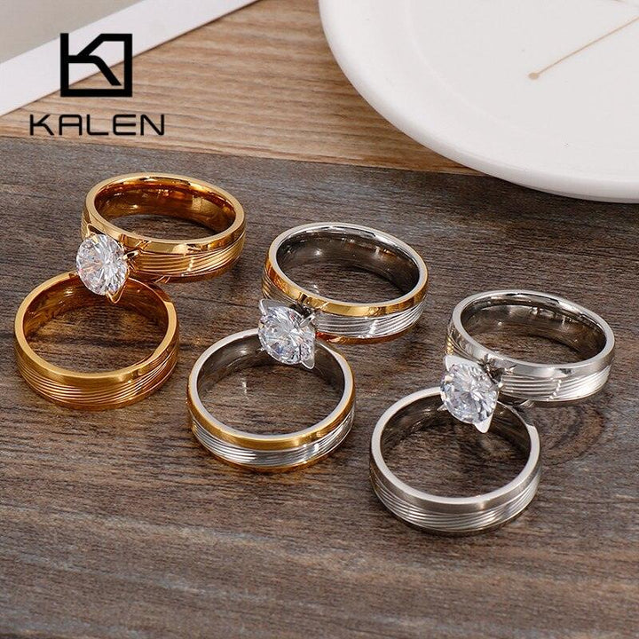 KALEN Romantic Wedding Rings For Women Man Gold Color Stainless Steel Zircon Round Anillos Mujer Engagement Jewelry Gifts.