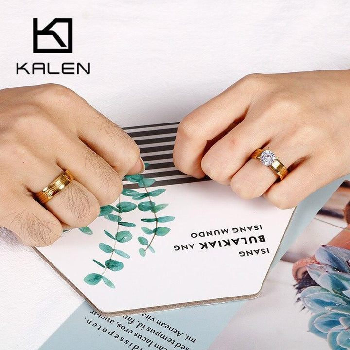 KALEN Romantic Wedding Rings For Women Man Gold Color Stainless Steel Zircon Round Anillos Mujer Engagement Jewelry Gifts.