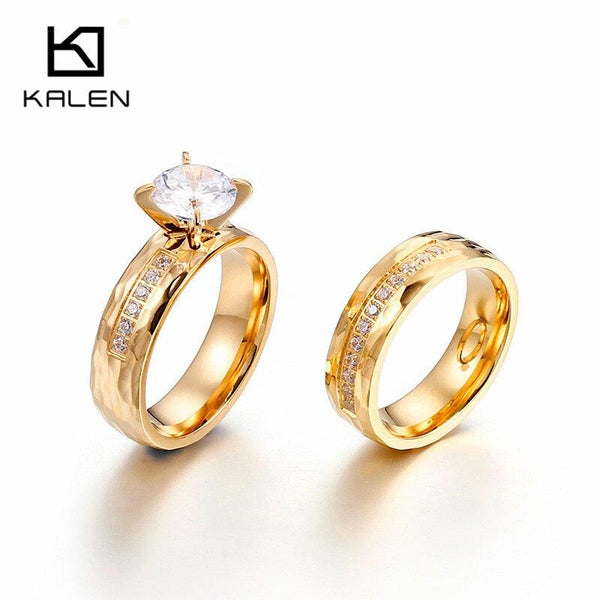 Kalen Romantic Zircon Couple Rings Rhinestone Stainless Steel Gold Finger Rings For Women Engagement Wedding Band Rings Jewelry.