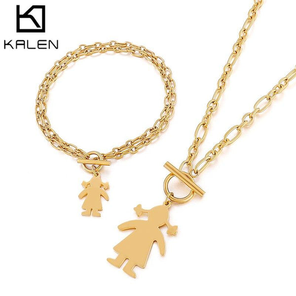 Kalen Set Girl Tag Necklace Bracelet Set Ladies Gold Necklace Bracelet Stainless Steel Jewelry Set Charm Mother's Day Gift.