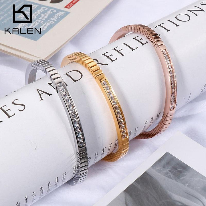 KALEN Simple Design With Cubic Zircon Charming Elegant Stainless Steel Not Adjustable Bangles Gift For Female.