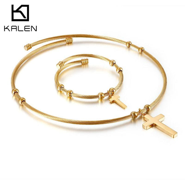 Kalen Simple Design Women Cross Jewelry Sets Stainless Steel Twist Chain Collar Necklace Bracelets Sets For Women Party Bijoux.