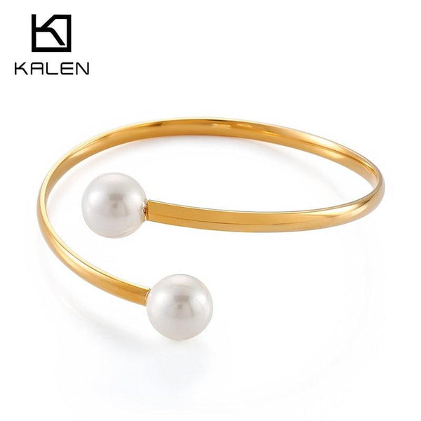 Kalen Simple Imitate Pearls Two Round Shape Pearl Metal Beads Adjustable Bracelets Charm Jewelry Accessories Gift Size 12mm.