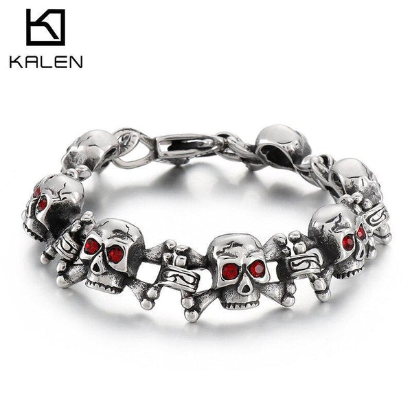 Kalen Skull Bracelet For Men Stainless Steel Rhinestone Gothic Punk Jewelry Bone Vintage Charm Chain.