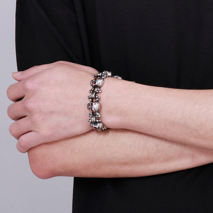 Kalen Skull Bracelet For Men Stainless Steel Rhinestone Gothic Punk Jewelry Bone Vintage Charm Chain.
