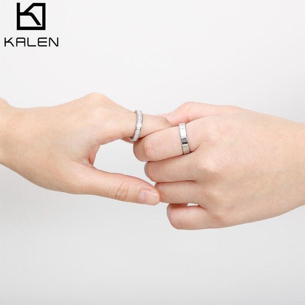 KALEN Smooth Cubic Zirconia Rings For Lovers Stainless Steel Couple Anillos Simple 4MM Wedding Jewelry Fashion Engagement Gifts.